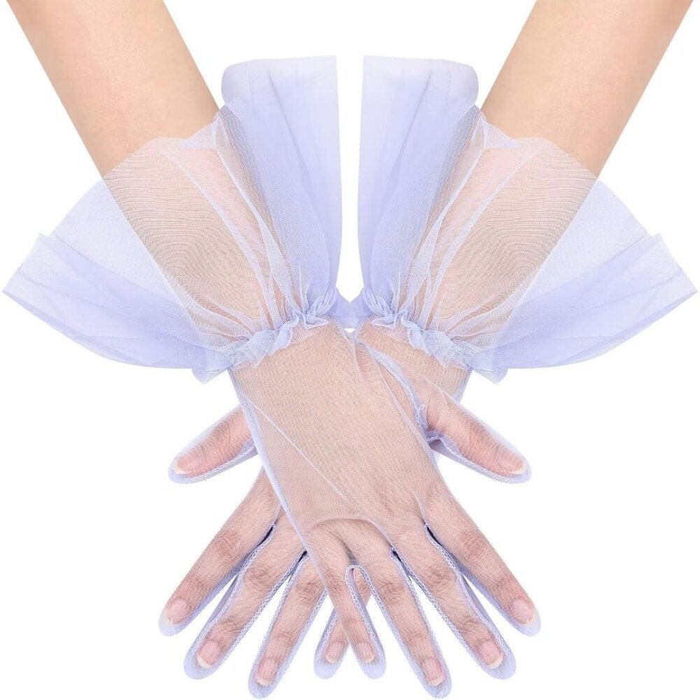 Women's Puffy Ruffle Lavender Tulle Sheer Mesh Party Prom One Size Short Gloves - Picture 1 of 7